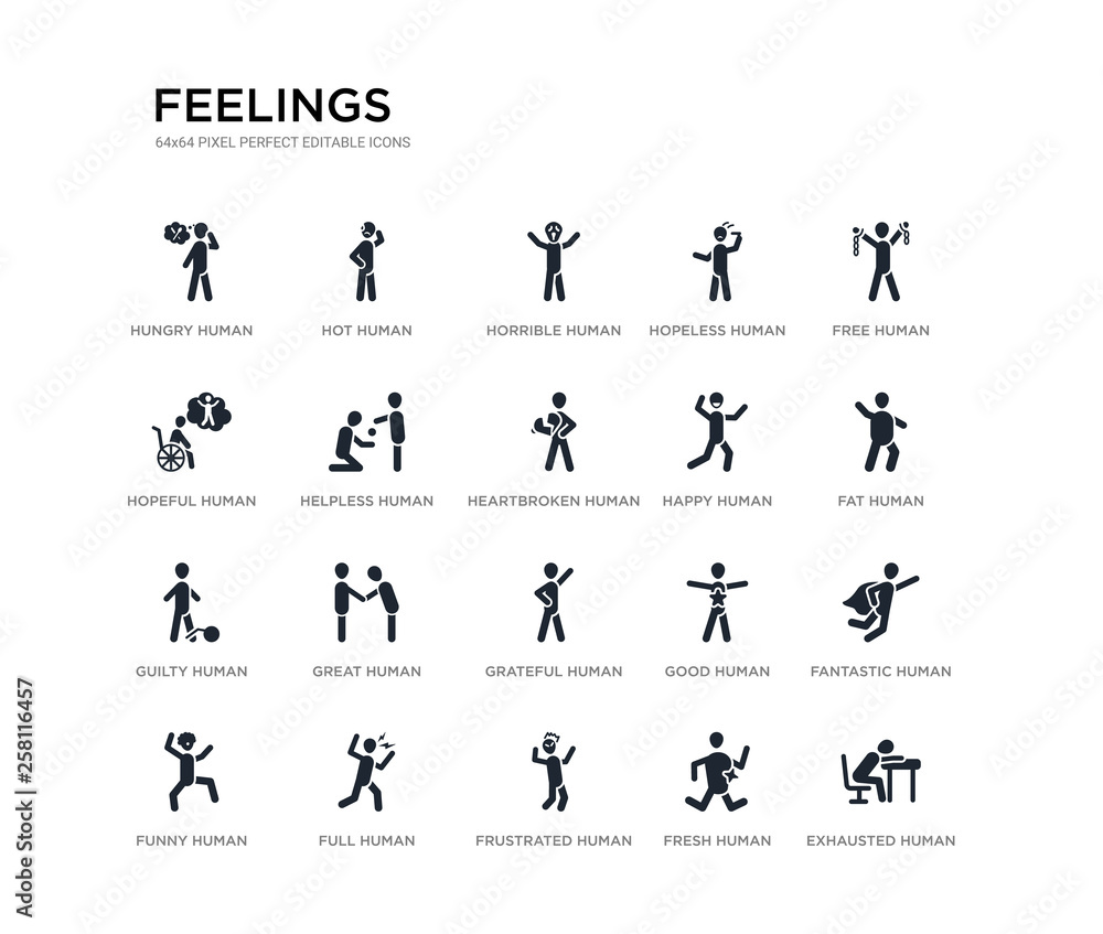 Naklejka premium set of 20 black filled vector icons such as exhausted human, fantastic human, fat human, free fresh frustrated hopeful hopeless horrible hot feelings black icons collection. editable pixel perfect