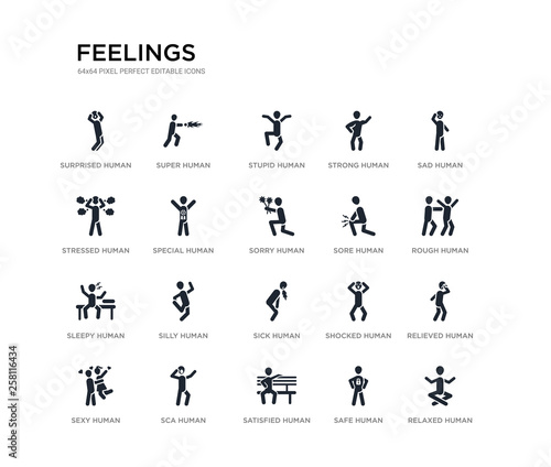 set of 20 black filled vector icons such as relaxed human, relieved human, rough human, sad safe satisfied stressed strong stupid super feelings black icons collection. editable pixel perfect