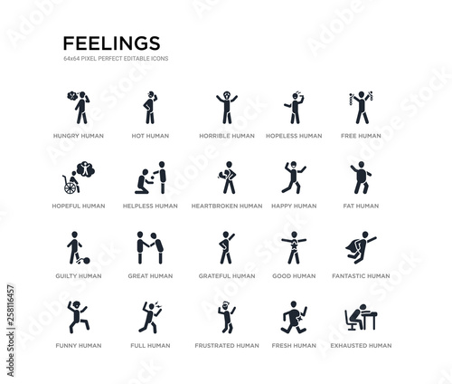 set of 20 black filled vector icons such as exhausted human  fantastic human  fat human  free fresh frustrated hopeful hopeless horrible hot feelings black icons collection. editable pixel perfect