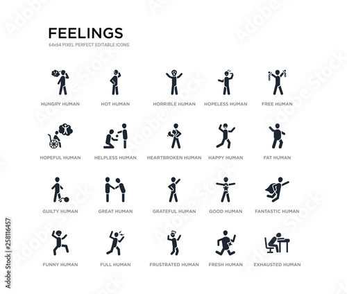 set of 20 black filled vector icons such as exhausted human, fantastic human, fat human, free fresh frustrated hopeful hopeless horrible hot feelings black icons collection. editable pixel perfect