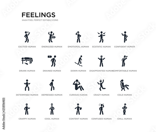 set of 20 black filled vector icons such as chill human, cold human, comfortable human, confident confused content drunk ecstatic emotional energized feelings black icons collection. editable pixel