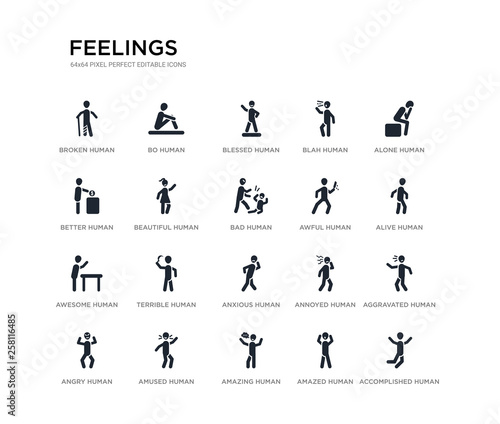 set of 20 black filled vector icons such as accomplished human, aggravated human, alive human, alone amazed amazing better blah blessed bo feelings black icons collection. editable pixel perfect