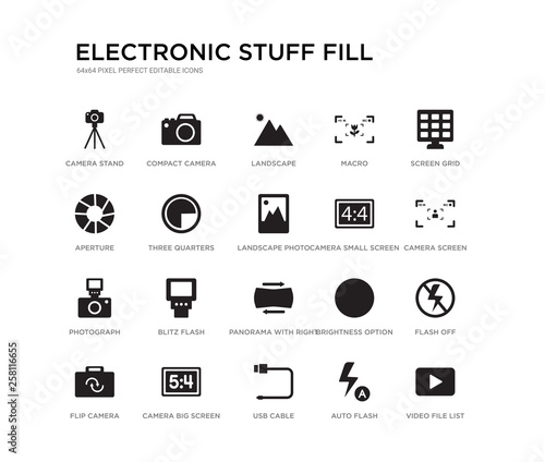 set of 20 black filled vector icons such as video file list, flash off, camera screen, screen grid, auto flash, usb cable, aperture, macro, landscape, compact camera. electronic stuff fill black