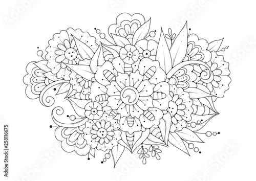 Hand drawn backdrop. Coloring book  page for adult and older children. Black and white abstract floral pattern. Vector illustration. Design for meditation.