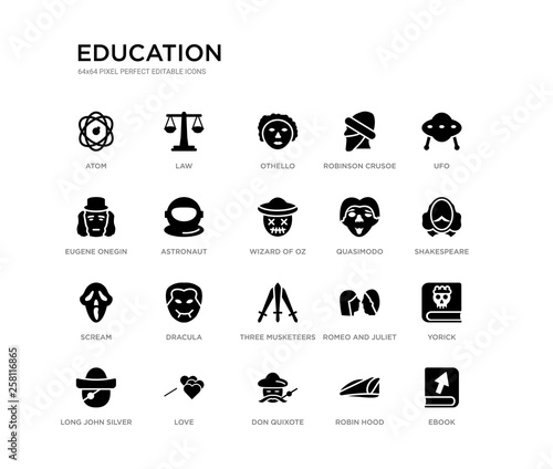 set of 20 black filled vector icons such as ebook, yorick, shakespeare, ufo, robin hood, don quixote, eugene onegin, robinson crusoe, othello, law. education black icons collection. editable pixel photo