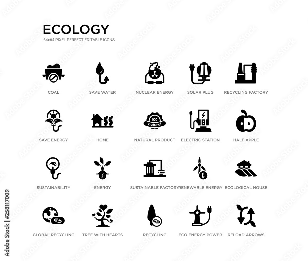 set of 20 black filled vector icons such as reload arrows, ecological house, half apple, recycling factory, eco energy power, recycling, save energy, solar plug, nuclear energy, save water. ecology set of 20 black filled vector icons such as reload arrows, ecological house, half apple, recycling factory, eco energy power, recycling, save energy, solar plug, nuclear energy, save water. ecology