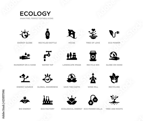 set of 20 black filled vector icons such as tree and roots, recycling, globe on hand, eco power, eco power cells, ecological energy source, raindrop on a hand, tree of love, house, recycled bottle. © Meth Mehr