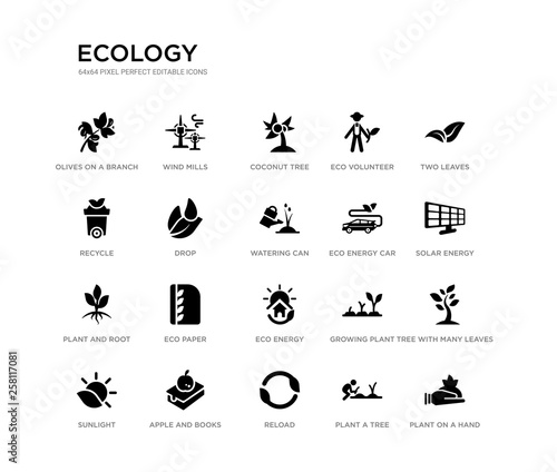 set of 20 black filled vector icons such as plant on a hand  tree with many leaves  solar energy  two leaves  plant a tree  reload  recycle  eco volunteer  coconut tree  wind mills. ecology black