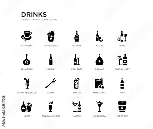 set of 20 black filled vector icons such as paper cup, rum, bloody mary, wine, margarita, martini, armagnac, malibu, brandy, coffee bean. drinks black icons collection. editable pixel perfect