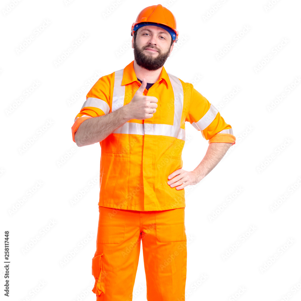 Man worker road constructor smiling looking on white background isolation Man worker road constructor smiling looking on white background isolation