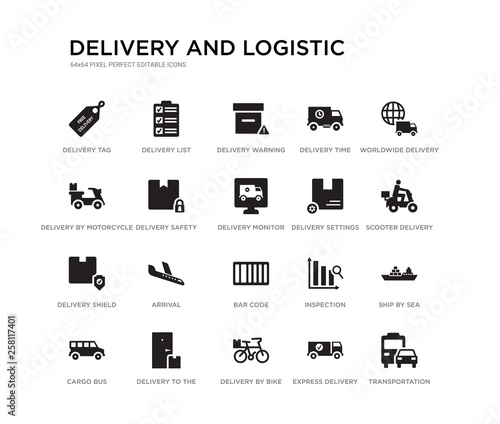 set of 20 black filled vector icons such as transportation, ship by sea, scooter delivery, worldwide delivery, express delivery, by bike, by motorcycle, time, warning, list. and logistic black icons
