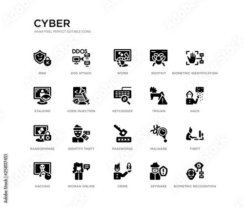 set of 20 black filled vector icons such as biometric recognition, theft, hack, biometric identification, spyware, crime, stalking, rootkit, worm, dos attack. cyber black icons collection. editable