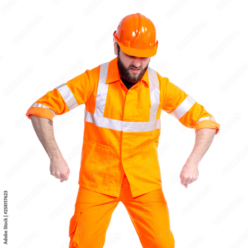 Man worker road constructor working on white background isolation Man worker road constructor working on white background isolation