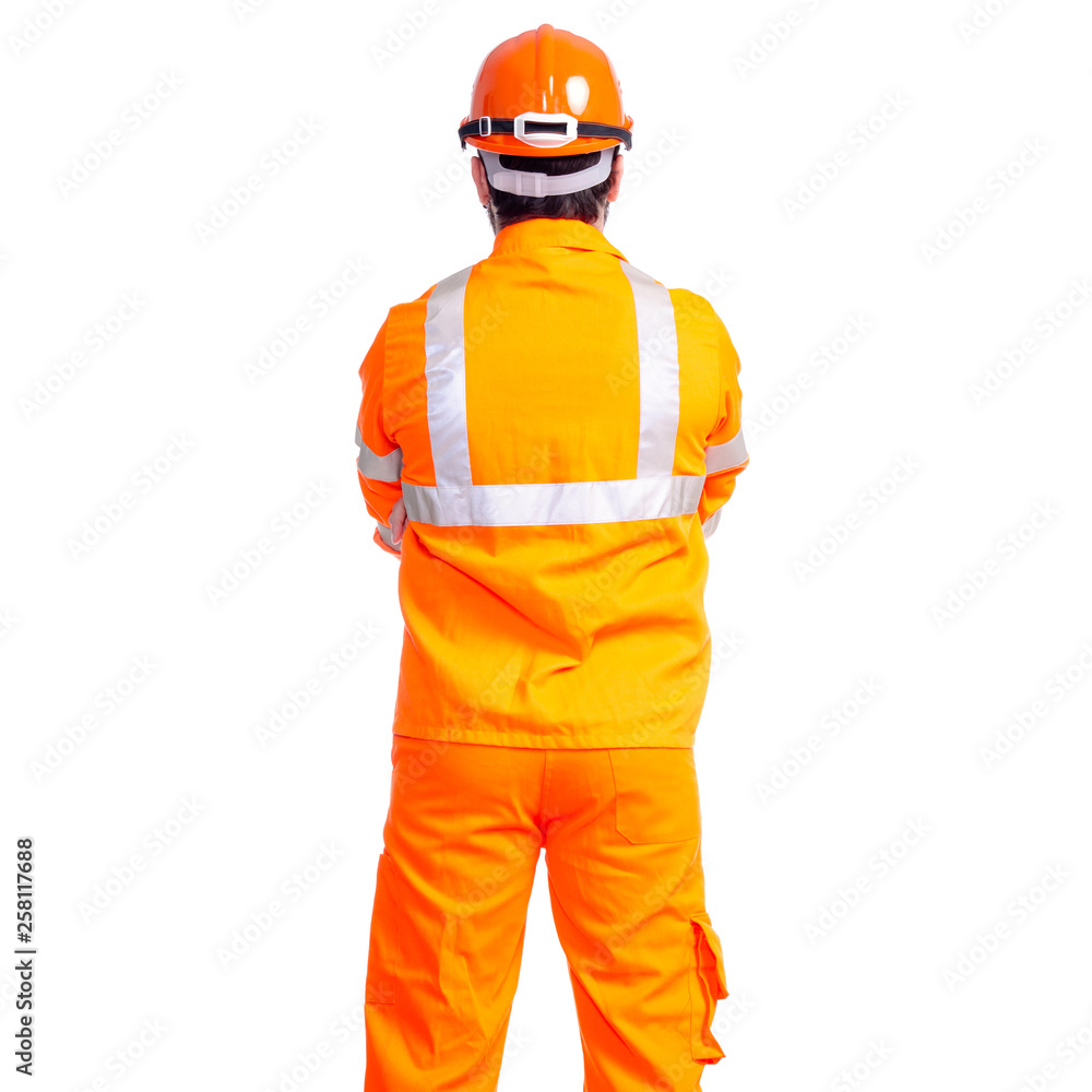Man worker road constructor looking on white background isolation, back view Man worker road constructor looking on white background isolation, back view
