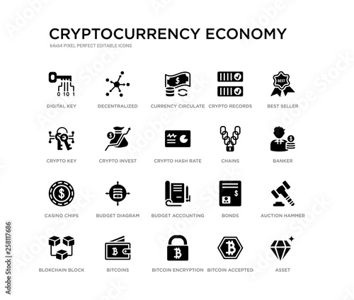 set of 20 black filled vector icons such as asset, auction hammer, banker, best seller, bitcoin accepted, bitcoin encryption, crypto key, crypto records, currency circulate, decentralized.