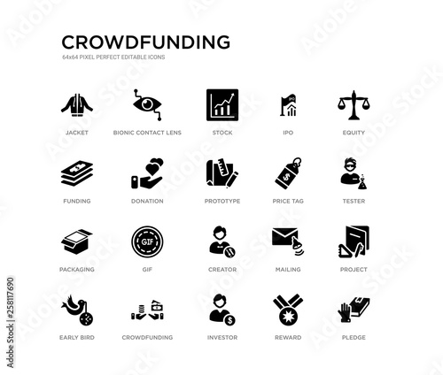 set of 20 black filled vector icons such as pledge, project, tester, equity, reward, investor, funding, ipo, stock, bionic contact lens. crowdfunding black icons collection. editable pixel perfect