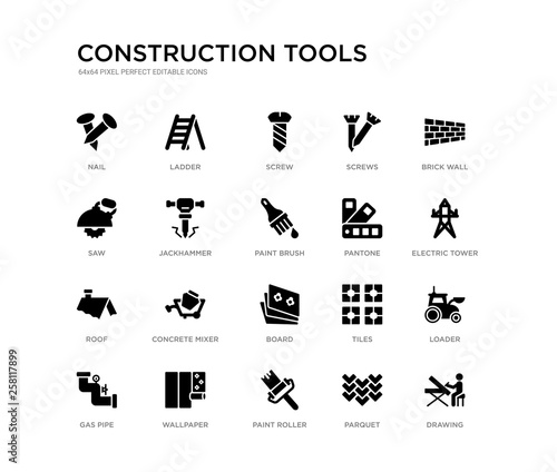 set of 20 black filled vector icons such as drawing, loader, electric tower, brick wall, parquet, paint roller, saw, screws, screw, ladder. construction tools black icons collection. editable pixel