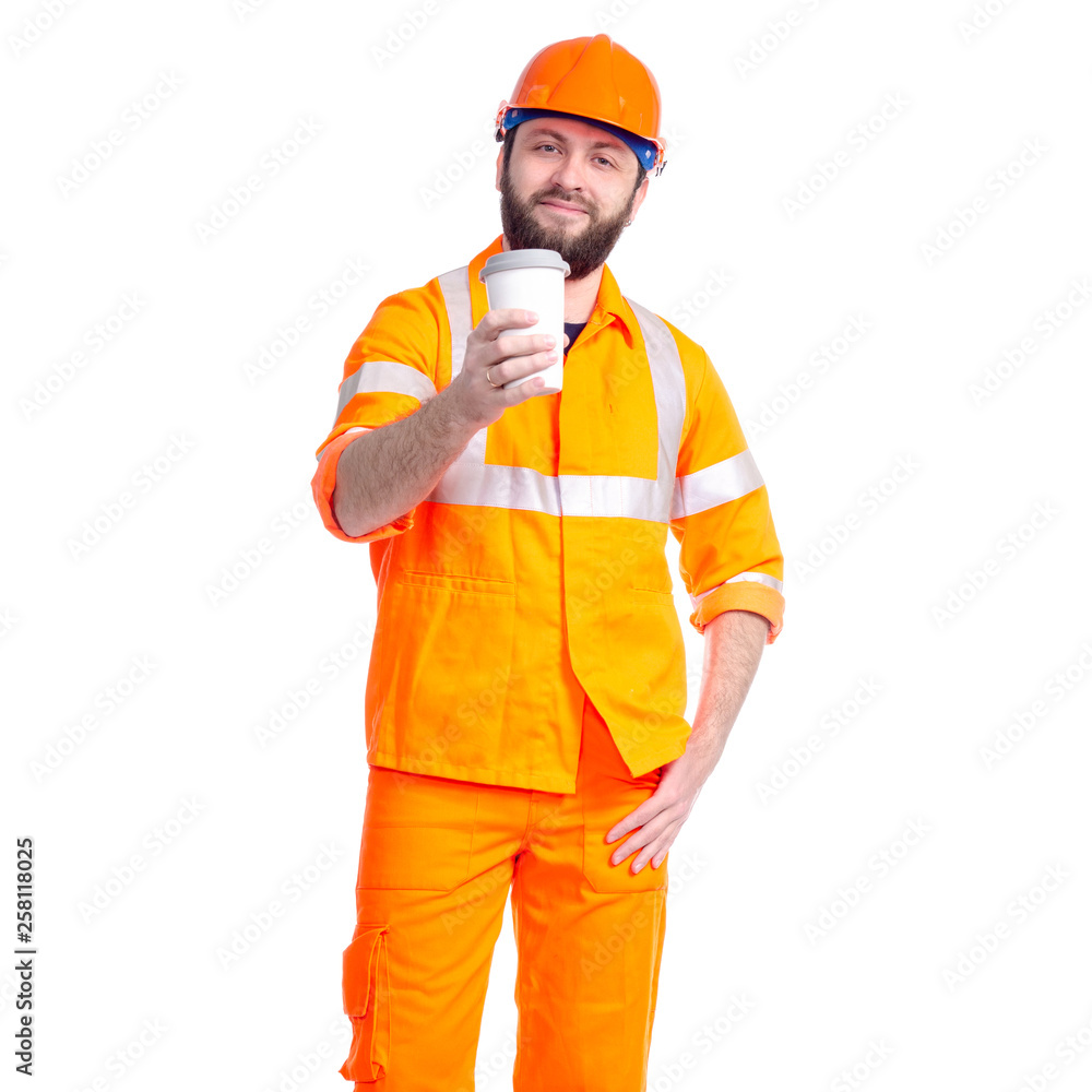 Man worker road constructor relax, drink cup of coffee on white background isolation
