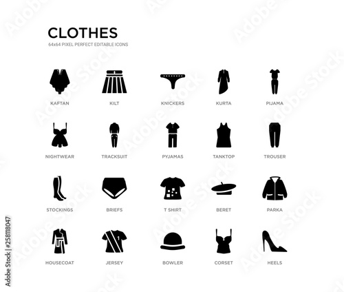 set of 20 black filled vector icons such as heels, parka, trouser, pijama, corset, bowler, nightwear, kurta, knickers, kilt. clothes black icons collection. editable pixel perfect
