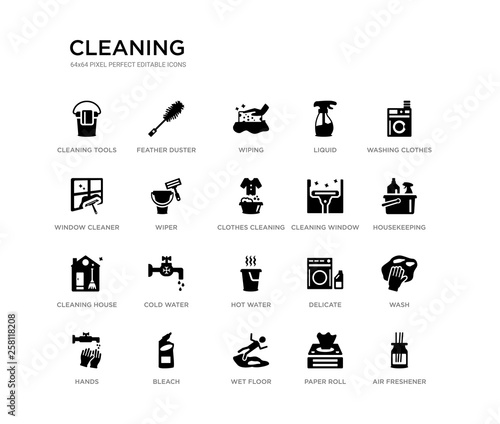 set of 20 black filled vector icons such as air freshener, wash, housekeeping, washing clothes, paper roll, wet floor, window cleaner, liquid, wiping, feather duster. cleaning black icons
