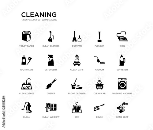 set of 20 black filled vector icons such as hand soap, washing machine, softener, iron, brush, dry, toothpaste, plunger, dustpan, clean clothes. cleaning black icons collection. editable pixel