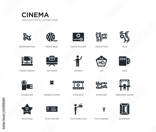 set of 20 black filled vector icons such as doorway, dressing room, dvd, film, film award, film director, home cinema, movie movie player, movie reel. cinema black icons collection. editable pixel