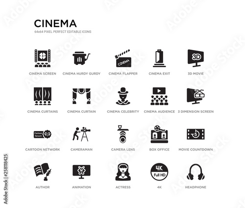 set of 20 black filled vector icons such as headphone, movie countdown, 3 dimension screen, 3d movie, 4k, actress, cinema curtains, cinema exit, cinema flapper, hurdy gurdy. black icons collection.