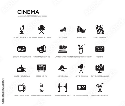 set of 20 black filled vector icons such as drink with straw, buy tickets online, tickets, film counter, movie billboard, cinema borders, cinema ticket with a star, hd video, 3d video, director film