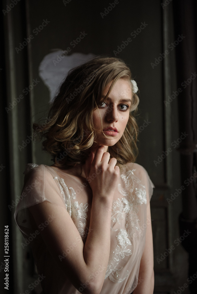 Young woman posing in a pink tender light long dress indoors