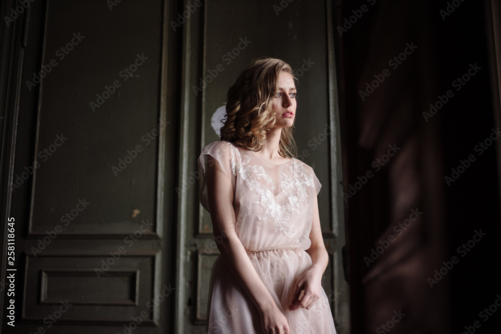 Young woman posing in a pink tender light long dress indoors