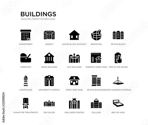 set of 20 black filled vector icons such as bed 3d view, hook hanging material, fire in the house, office block, college, wellness center, carrycot, branches, house black without door, agency.