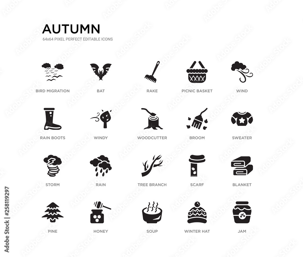 set of 20 black filled vector icons such as jam, blanket, sweater, wind, winter hat, soup, rain boots, picnic basket, rake, bat. autumn black icons collection. editable pixel perfect set of 20 black filled vector icons such as jam, blanket, sweater, wind, winter hat, soup, rain boots, picnic basket, rake, bat. autumn black icons collection. editable pixel perfect