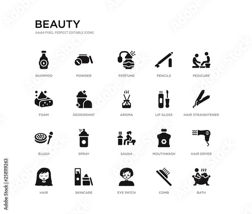 set of 20 black filled vector icons such as bath, hair dryer, hair straightener, pedicure, comb, eye patch, foam, pencils, perfume, powder. beauty black icons collection. editable pixel perfect