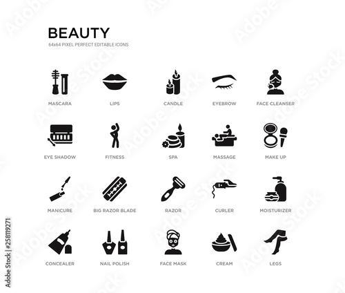 set of 20 black filled vector icons such as legs, moisturizer, make up, face cleanser, cream, face mask, eye shadow, eyebrow, candle, lips. beauty black icons collection. editable pixel perfect