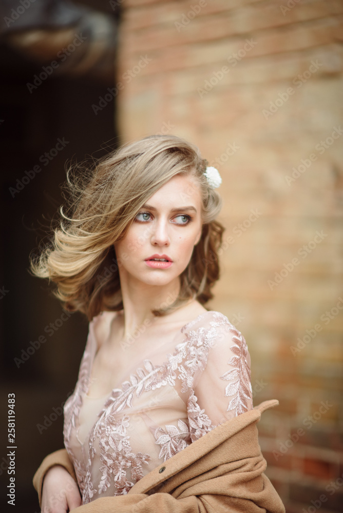 Fototapeta premium Closeup portrait of a beautiful young blonde woman with a hairdress and make-up in a dress