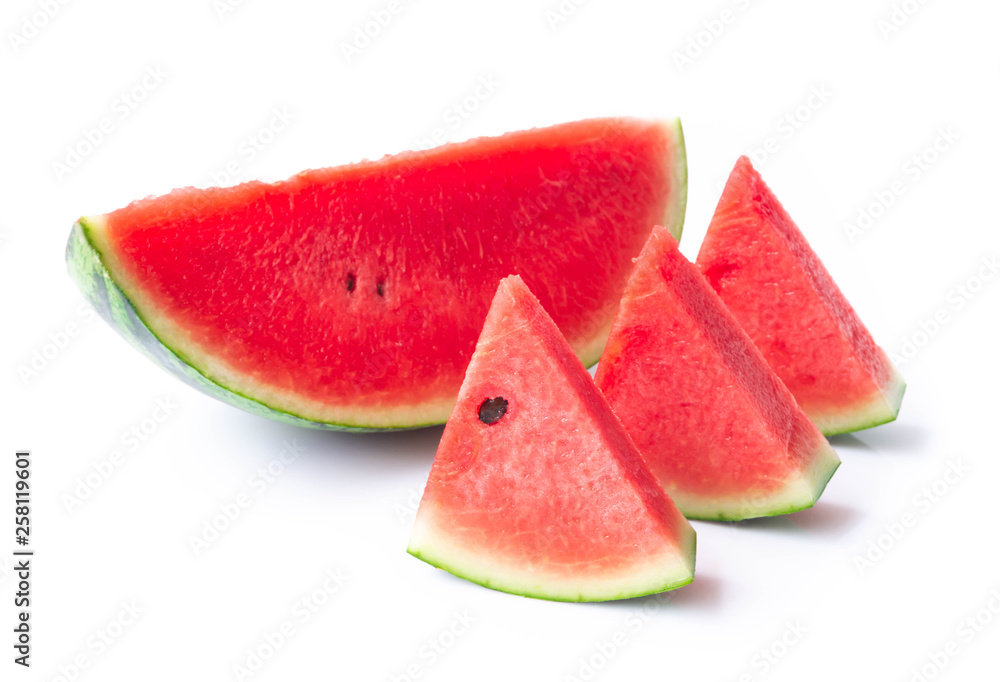 Watermelon with sliced on white background, fruit for healthy concept, selective focus Watermelon with sliced on white background, fruit for healthy concept, selective focus