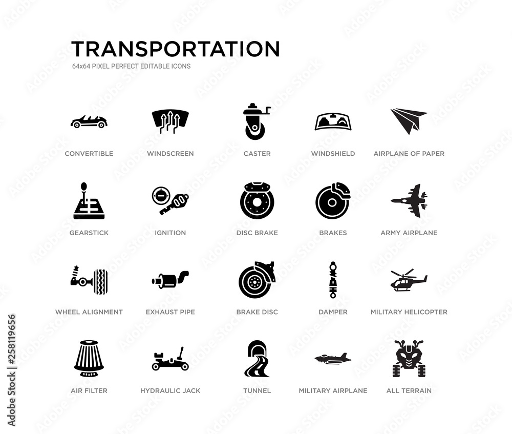 Vecteur Stock set of 20 black filled vector icons such as all terrain ...
