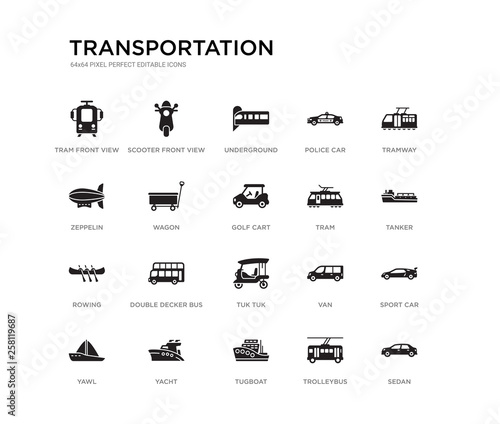 set of 20 black filled vector icons such as sedan, sport car, tanker, tramway, trolleybus, tugboat, zeppelin, police car, underground, scooter front view. transportation black icons collection.