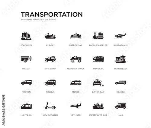 set of 20 black filled vector icons such as haul, hearse, houseboat, hydroplane, icebreaker ship, jetliner, oxcart, paddlewheeler, patrol car, pt boat. transportation black icons collection.