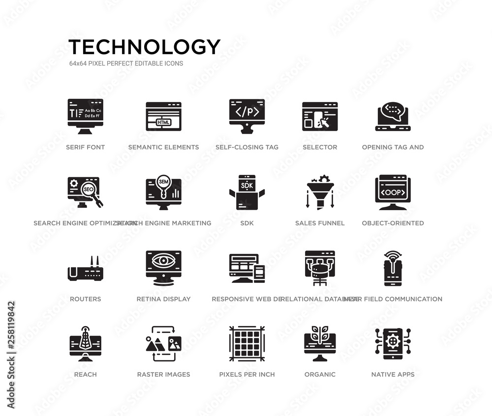 set of 20 black filled vector icons such as native apps, near field communication, object-oriented programming, opening tag and closing tags, organic, pixels per inch, search engine optimization, set of 20 black filled vector icons such as native apps, near field communication, object-oriented programming, opening tag and closing tags, organic, pixels per inch, search engine optimization,
