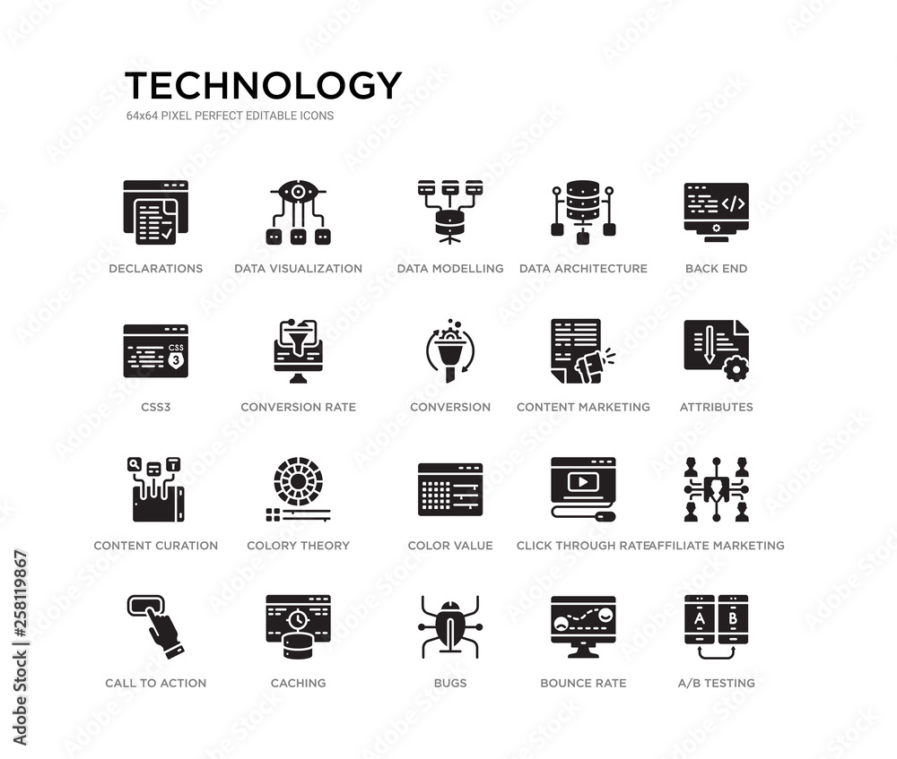 Fototapeta premium set of 20 black filled vector icons such as a/b testing, affiliate marketing, attributes, back end, bounce rate, bugs, css3, data architecture, data modelling, data visualization. technology black