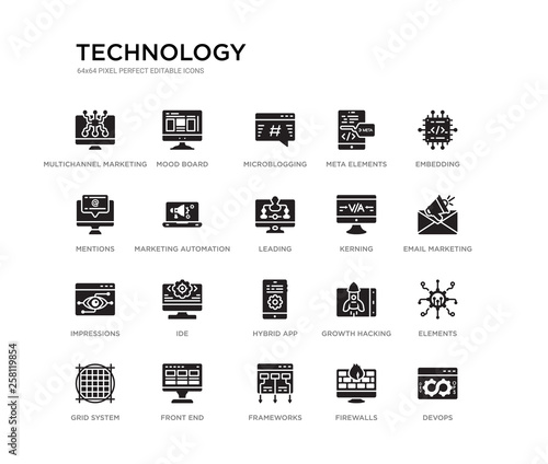 set of 20 black filled vector icons such as devops, elements, email marketing, embedding, firewalls, frameworks, mentions, meta elements, microblogging, mood board. technology black icons