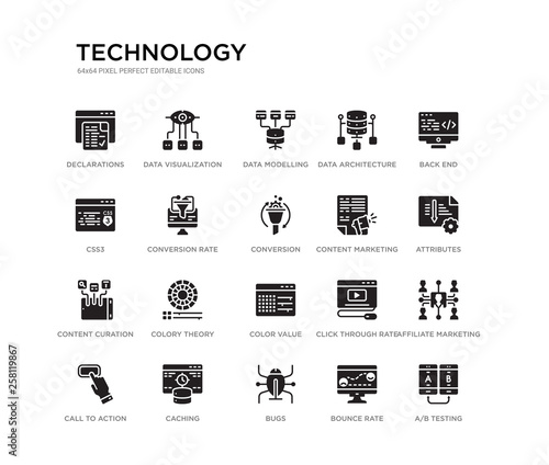set of 20 black filled vector icons such as a/b testing, affiliate marketing, attributes, back end, bounce rate, bugs, css3, data architecture, data modelling, data visualization. technology black