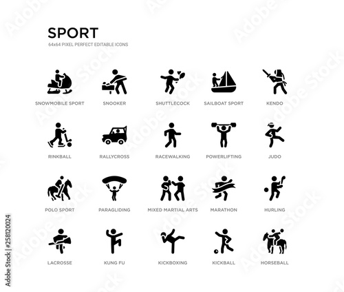 set of 20 black filled vector icons such as horseball  hurling  judo  kendo  kickball  kickboxing  rinkball  sailboat sport  shuttlecock  snooker. sport black icons collection. editable pixel