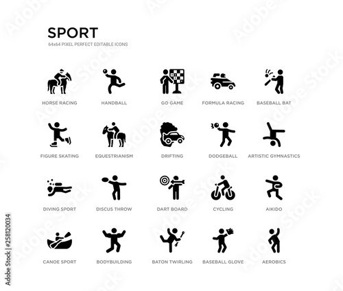 set of 20 black filled vector icons such as aerobics, aikido, artistic gymnastics, baseball bat, baseball glove, baton twirling, figure skating, formula racing, go game, handball. sport black icons © Meth Mehr