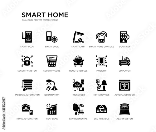 set of 20 black filled vector icons such as alarm system, automated door, cd player, door key, eco friendly, environmental, security system, smart home console, smart lamp, smart lock. home black