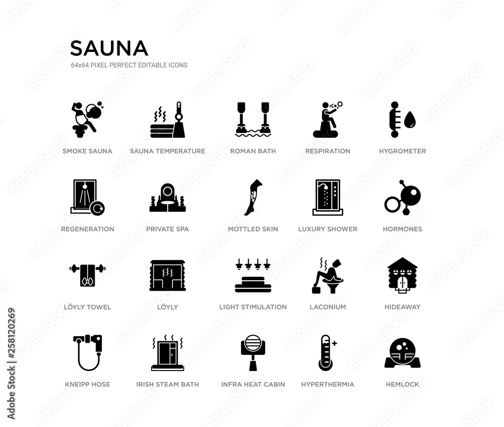 Φωτογραφία set of 20 black filled vector icons such as hemlock, hideaway, hormones, hygrometer, hyperthermia, infra heat cabin, regeneration, respiration, roman bath, sauna temperature