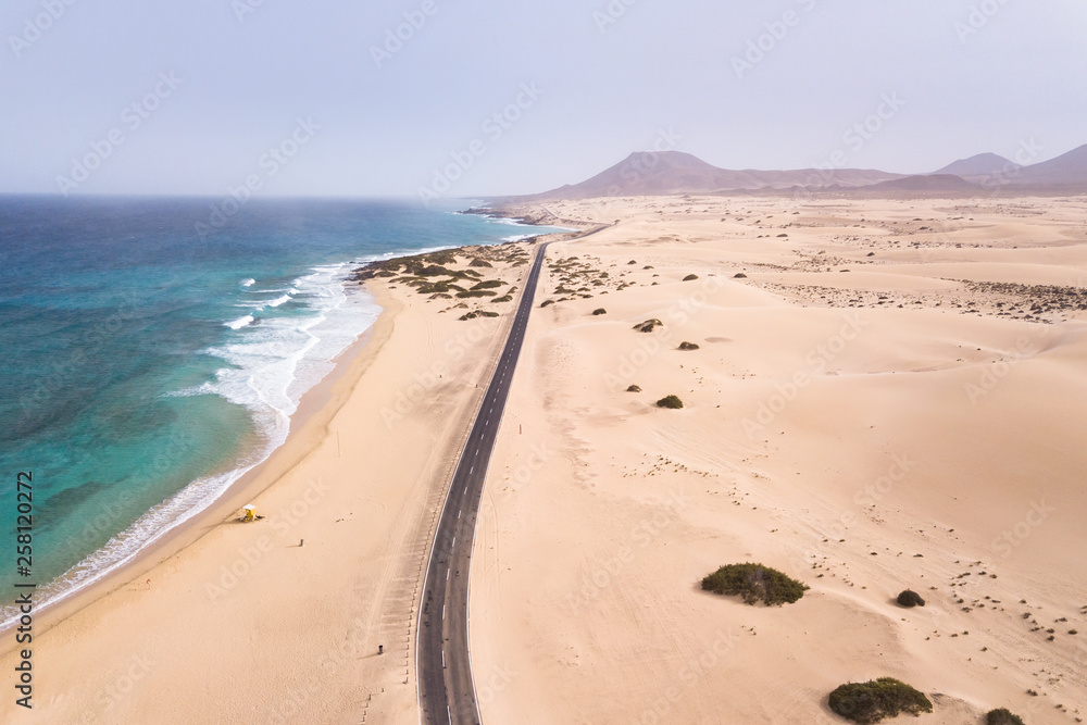 Beach aerial view with a road along ocean coast and sand dunes in Fuerteventura, Canary Islands viewed from drone, scenic coastline landscape, summer vacation holidays destination Beach aerial view with a road along ocean coast and sand dunes in Fuerteventura, Canary Islands viewed from drone, scenic coastline landscape, summer vacation holidays destination