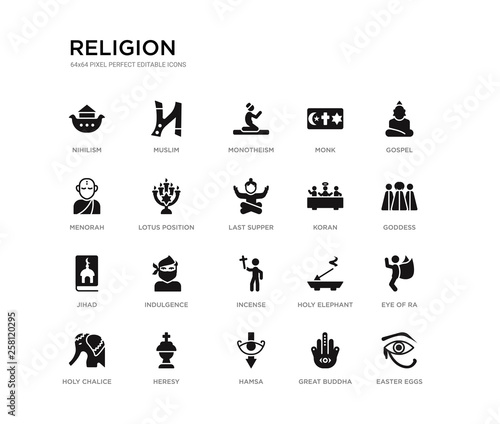 set of 20 black filled vector icons such as easter eggs, eye of ra, goddess, gospel, great buddha, hamsa, menorah, monk, monotheism, muslim. religion black icons collection. editable pixel perfect