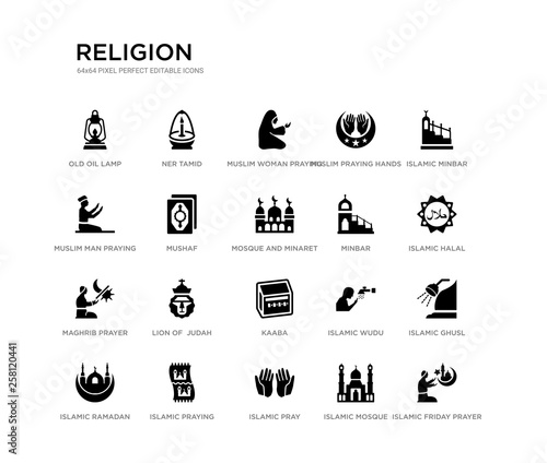 set of 20 black filled vector icons such as islamic friday prayer, islamic ghusl, islamic halal, minbar, mosque, pray, muslim man praying, muslim praying hands, muslim woman praying, ner tamid. photo